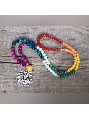 Artisan Hand Crafted Genuine Stone Mala 108 Beads and Mandala Sun Pendant
